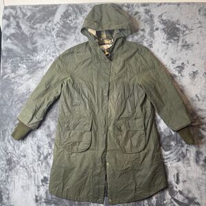 Womens Barbour Waxed Jacket Size 10 Green Tartan Long Sleeve Outdoor Hood Chore